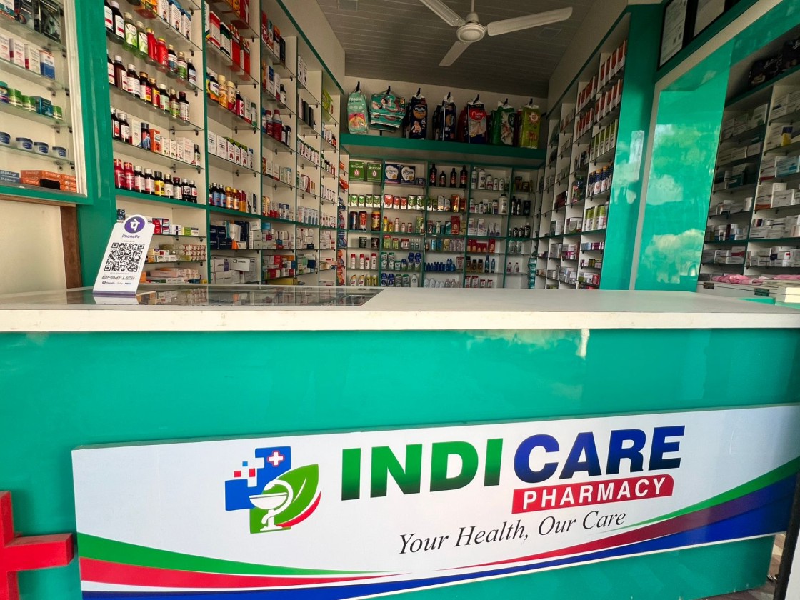 Pharmacy counter with medicine shelves